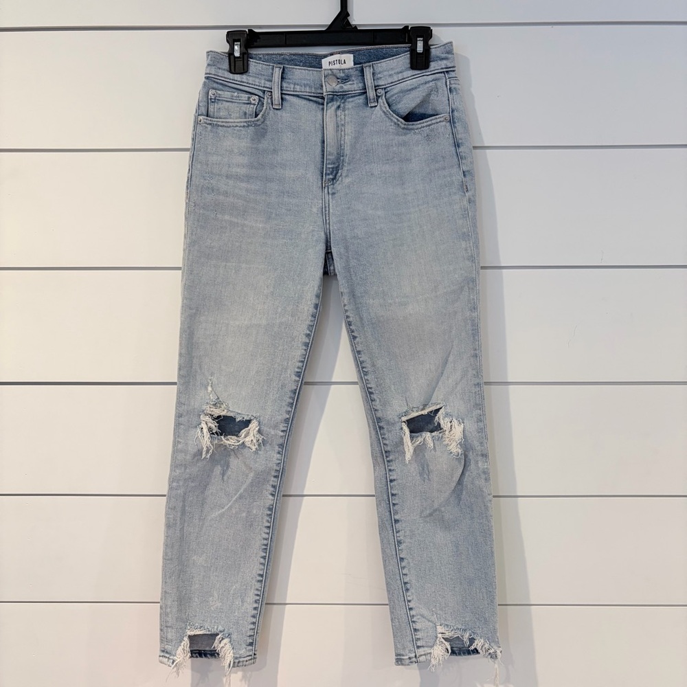 Pistola 27 Light Wash Distressed Raw Hem Straight Jeans Y2K Festival Designer